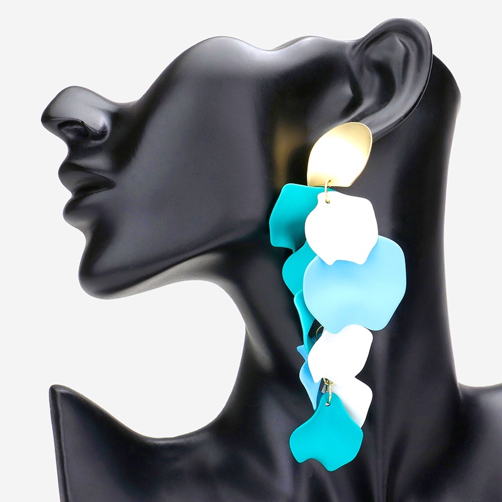 Blue Petal Link Dangle Statement Earrings